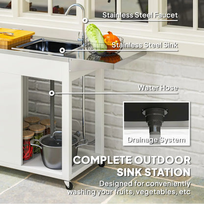 Outdoor Kitchen Island Grill Table and with Stainless Steel Sink and Drainage, Foldable Side Table and Cabinet
