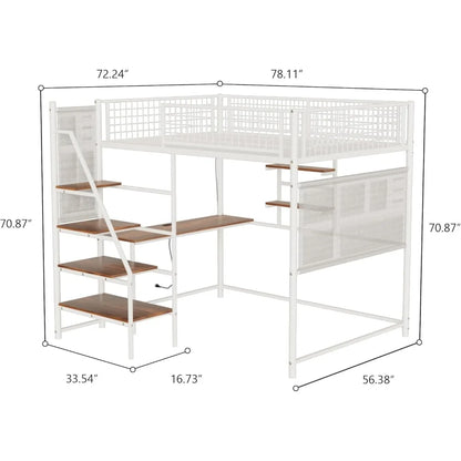 Heavy Duty Metal Loft Bed Full Sze Frame with Staircase, Built-in Charging Station and LED Lighting for Bedroom