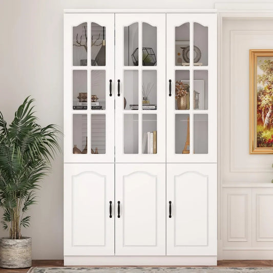 Freestanding Kitchen Pantry with 3 Glass Doors, Tall Kitchen Pantry Cabinet, 5-Tier Shelves, and Large Storage Cabinet Cupboard