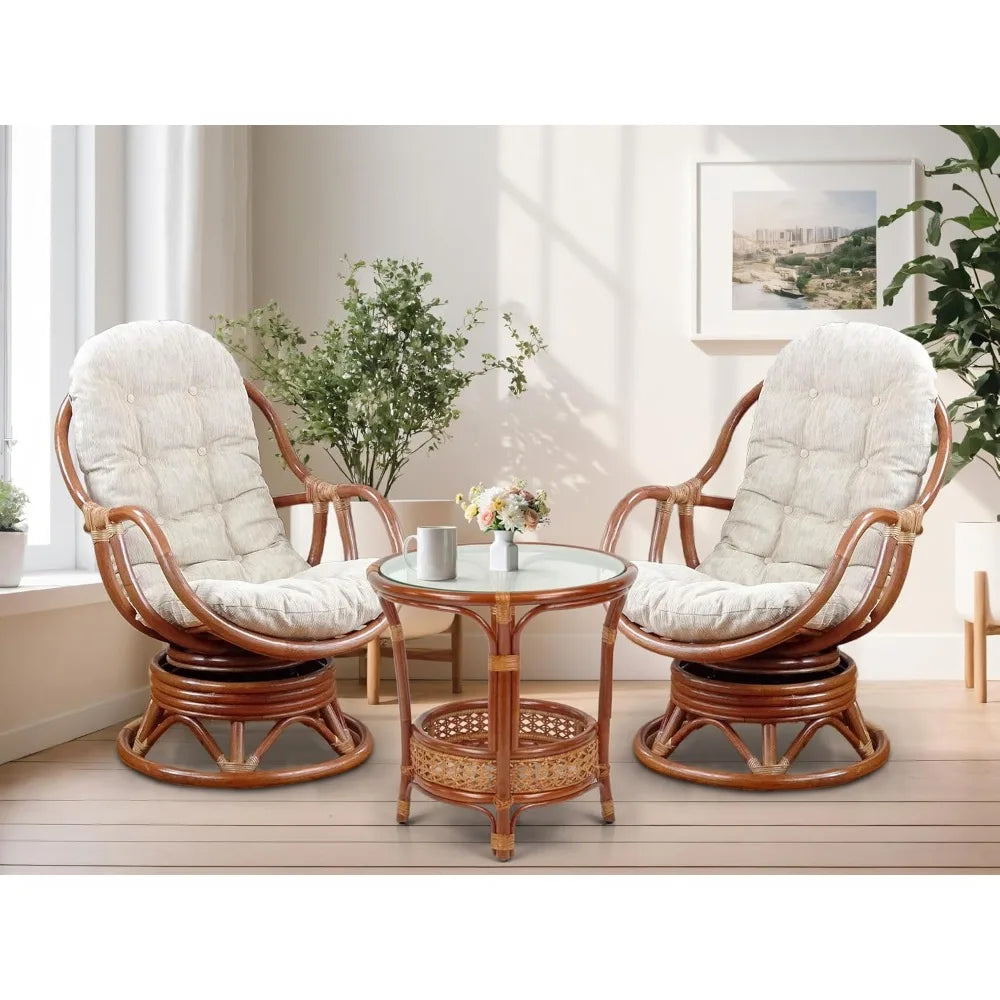 Set of 2Natural Rattan Wicker Handmade Bali Lounge Swivel Rocking Chairs with Cream Cushion and Pelangi Round Coffee Table