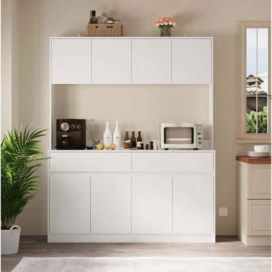 71" Kitchen Pantry Cabinet Hutch with Microwave Stand, Buffet Cabinet with Large Storage Drawers for Dining Room (White