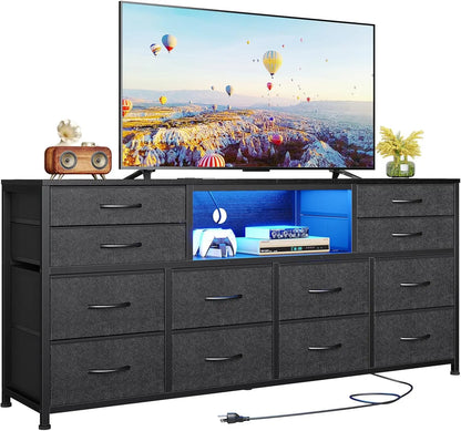 55" Entertainment LED TV Stand Dresser for Bedroom with Power Outlets,12 Drawers, and Media Console Table
