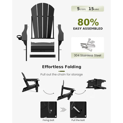 Folding Adirondack Outdoor Patio Weather Resistant Chair for Patio, Outside, Deck, Backyard