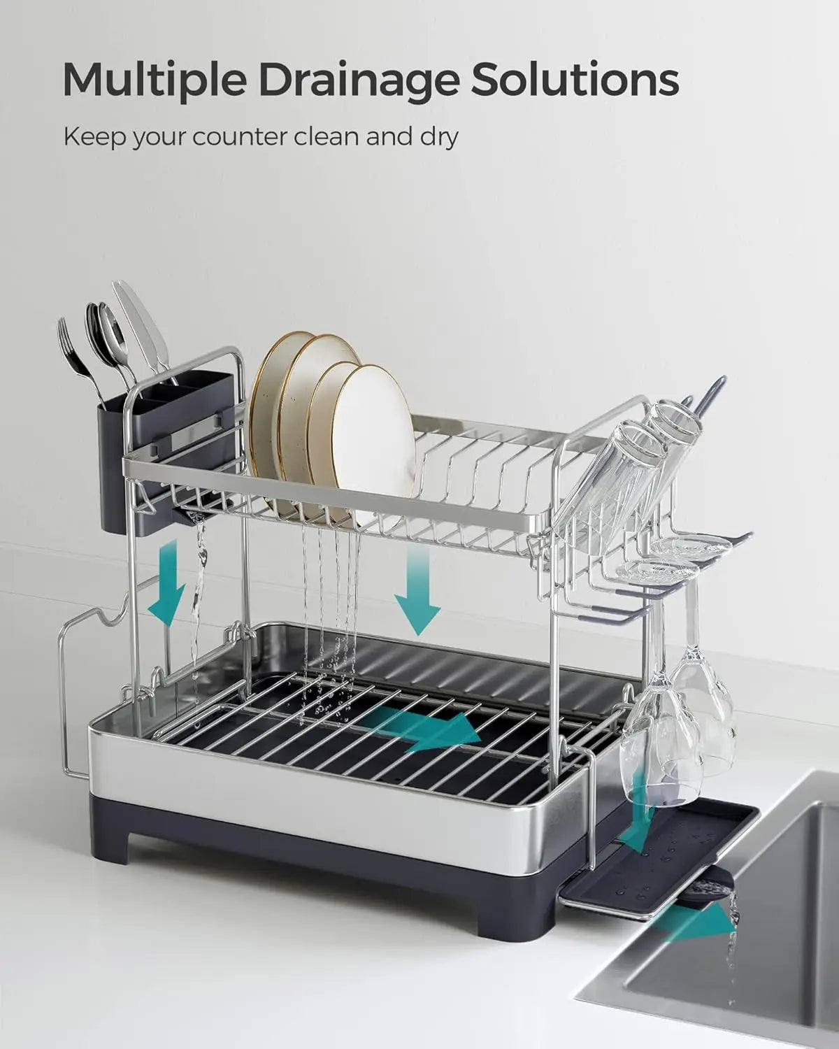 2 Tier Dish Drying Rack for Kitchen Counter with Rotatable and Extendable Drain Spout, and Utensil Cup
