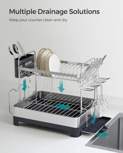 2 Tier Dish Drying Rack for Kitchen Counter with Rotatable and Extendable Drain Spout, and Utensil Cup