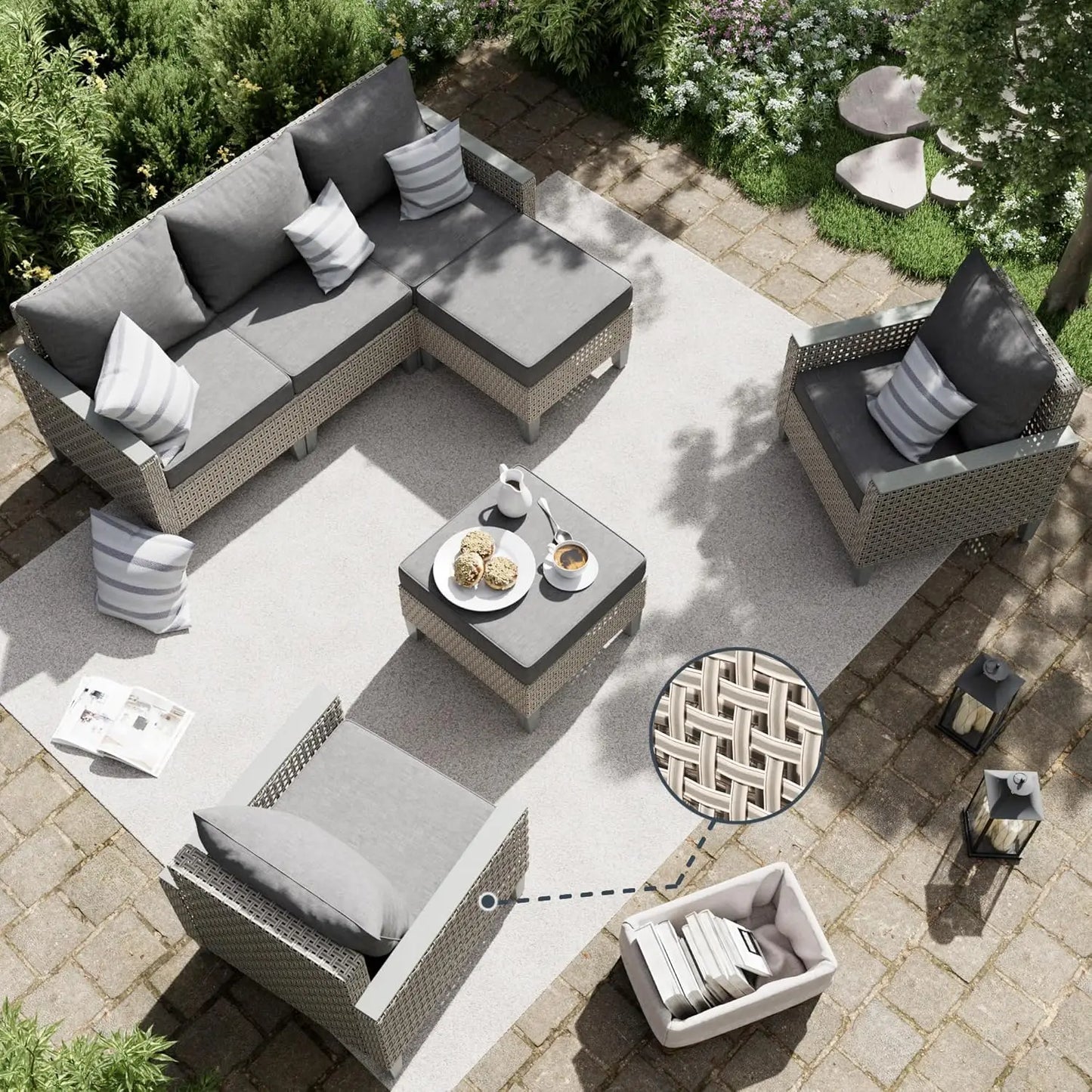 7 Piece Modern Rattan Modular Wicker Outdoor Sectional Sofa with Ottomans and Thick Cushions