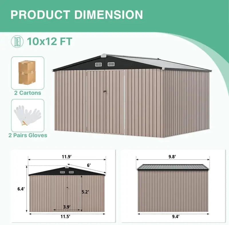 10X12 FT Outdoor Durable Waterproof Metal  Tools Storage Shed for Garden, Patio and Backyard.