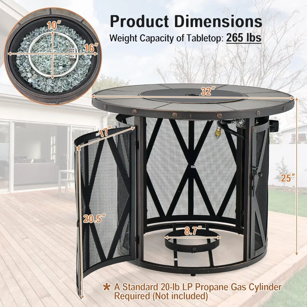 32 inch round 30,000 BTU Propane Gas Fire Pit with fire glasses & PVC  cover and ceramic tile