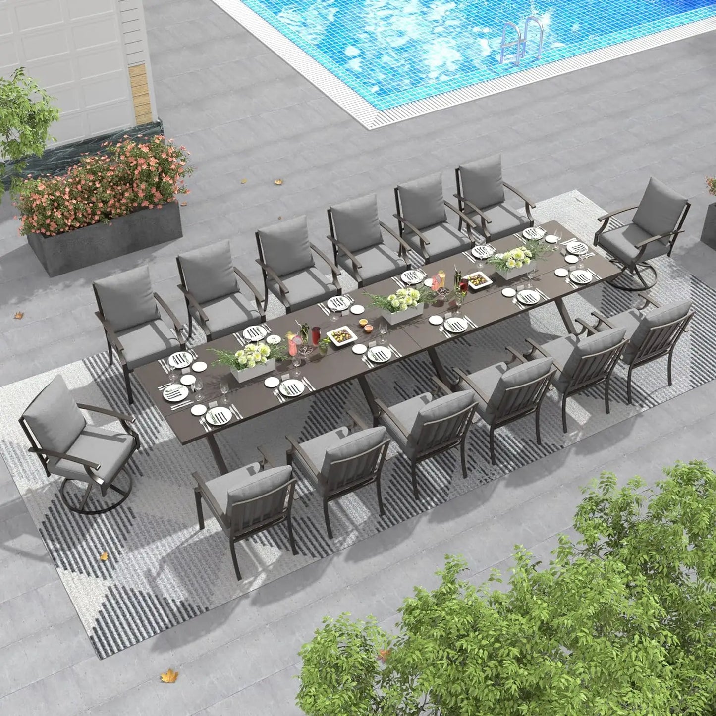 16 Pieces Outdoor Dining Table and Chairs Set with Grey Cushions