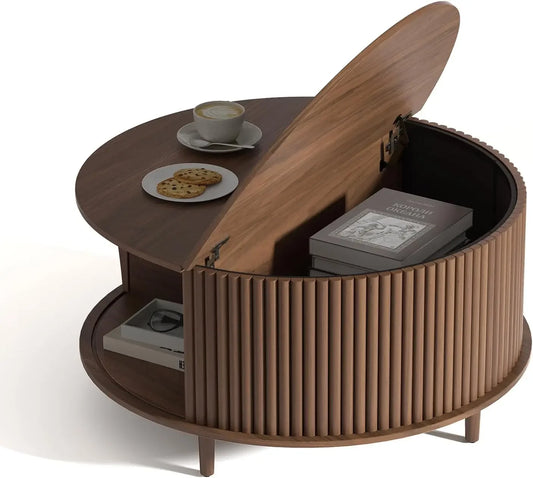 Modern Mid Century Round Coffee Table with Storage and Sliding Cabinet Door for the Living Room Home Center