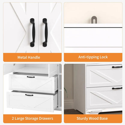 White3-Doors Farmhouse Armoire w/Mirror Door & LED Lights, Drawers & Adjustable Shelves - Wooden Wardrobe for Bedroom