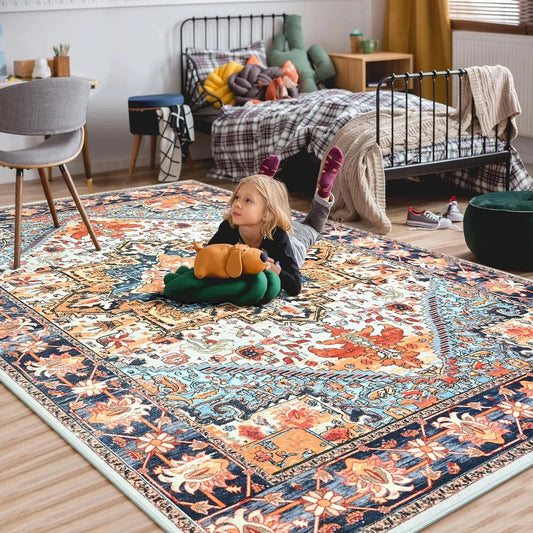 Vintage Faux Cashmere Floral Accent Soft Low Pile Area Rug for Living Room, Bedroom, and  Home Decor