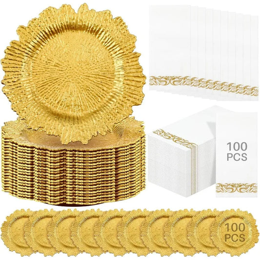 Bulk 13" Matte Ruffled Rim Plastic Plate Charger with 100 Pcs Paper