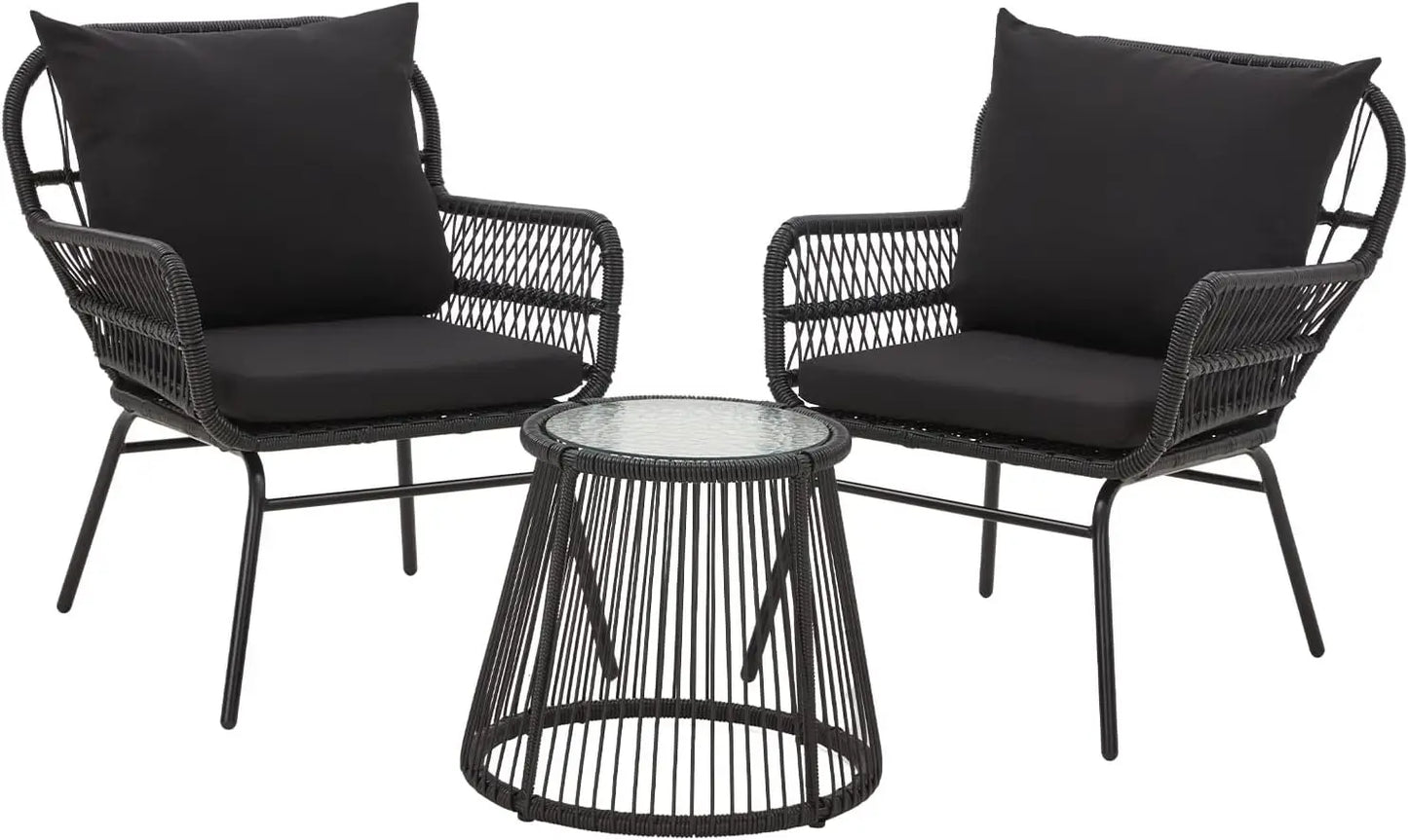 3 Piece Patio Conversation L-Shaped Sectional Sofa Set with Thick Cushions and Toughened Glass Coffee Table
