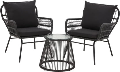 3 Piece Patio Conversation L-Shaped Sectional Sofa Set with Thick Cushions and Toughened Glass Coffee Table