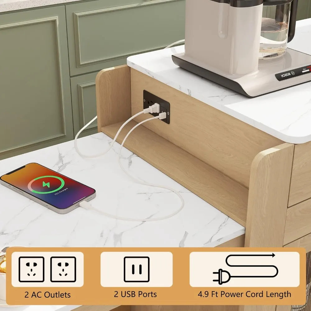 Kitchen Island and Cart with Extendable Dining Table, Marble Grain Top with Power Outlet