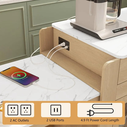 Kitchen Island and Cart with Extendable Dining Table, Marble Grain Top with Power Outlet