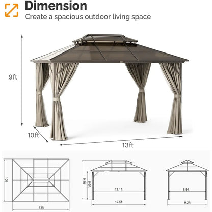 Hardtop Double Roof Canopy Gazebo with Polycarbonate Permanent Frame Pavilion with Curtains and Netting.