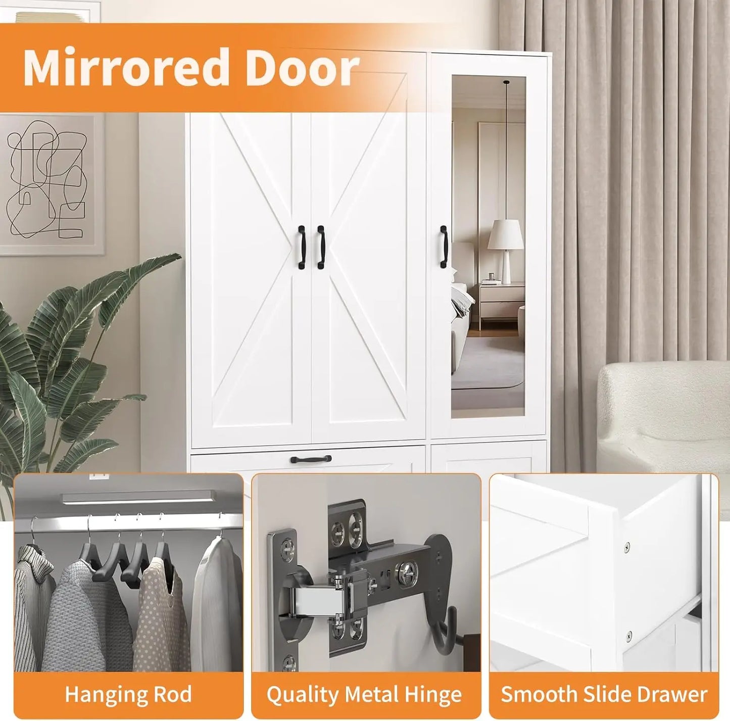 White3-Doors Farmhouse Armoire w/Mirror Door & LED Lights, Drawers & Adjustable Shelves - Wooden Wardrobe for Bedroom