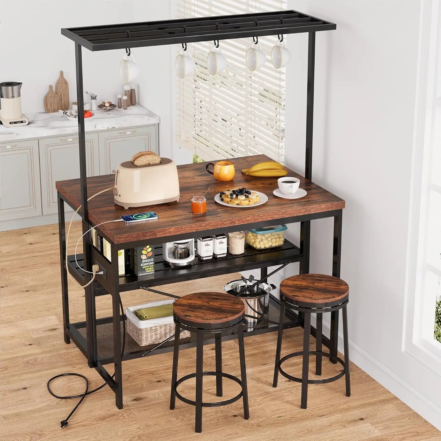 42" Kitchen Island 3 Tier Bakers Rack Storage & Seating with Microwave Stand, Dining Table for 4, 5 Hooks & 50lb Capacity