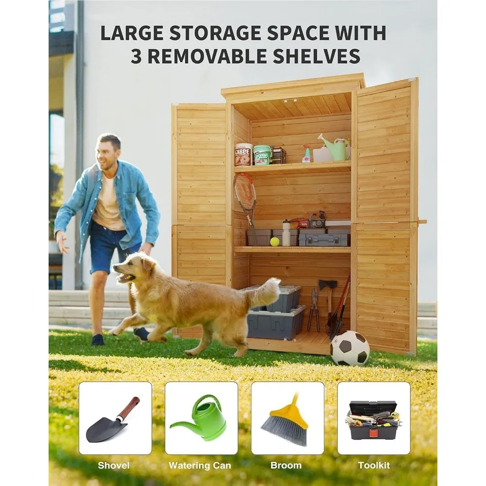 Vertical Tall Wooden Garden Storage Cabinet with 3 Shelves, Double Lock and Waterproof Roof.