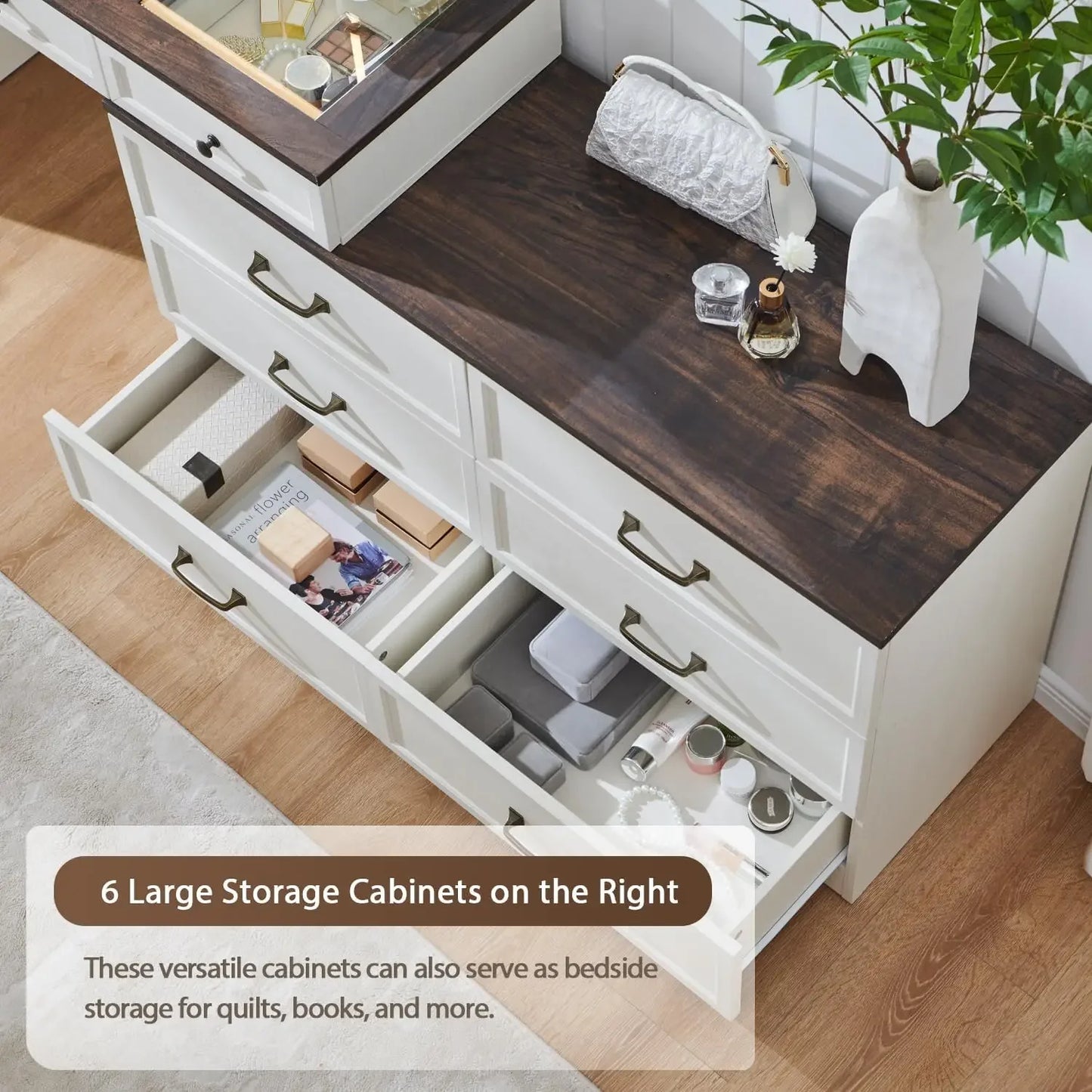 Farmhouse 69" W Big Vanity Desk with Glass Top, Makeup Table, 9 Large Storage Drawers and Color Available Light ,White