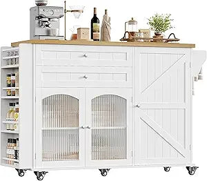 Rolling Kitchen Island on Wheels with Storage, Wood Drop Leaf Countertop and Spice Rack