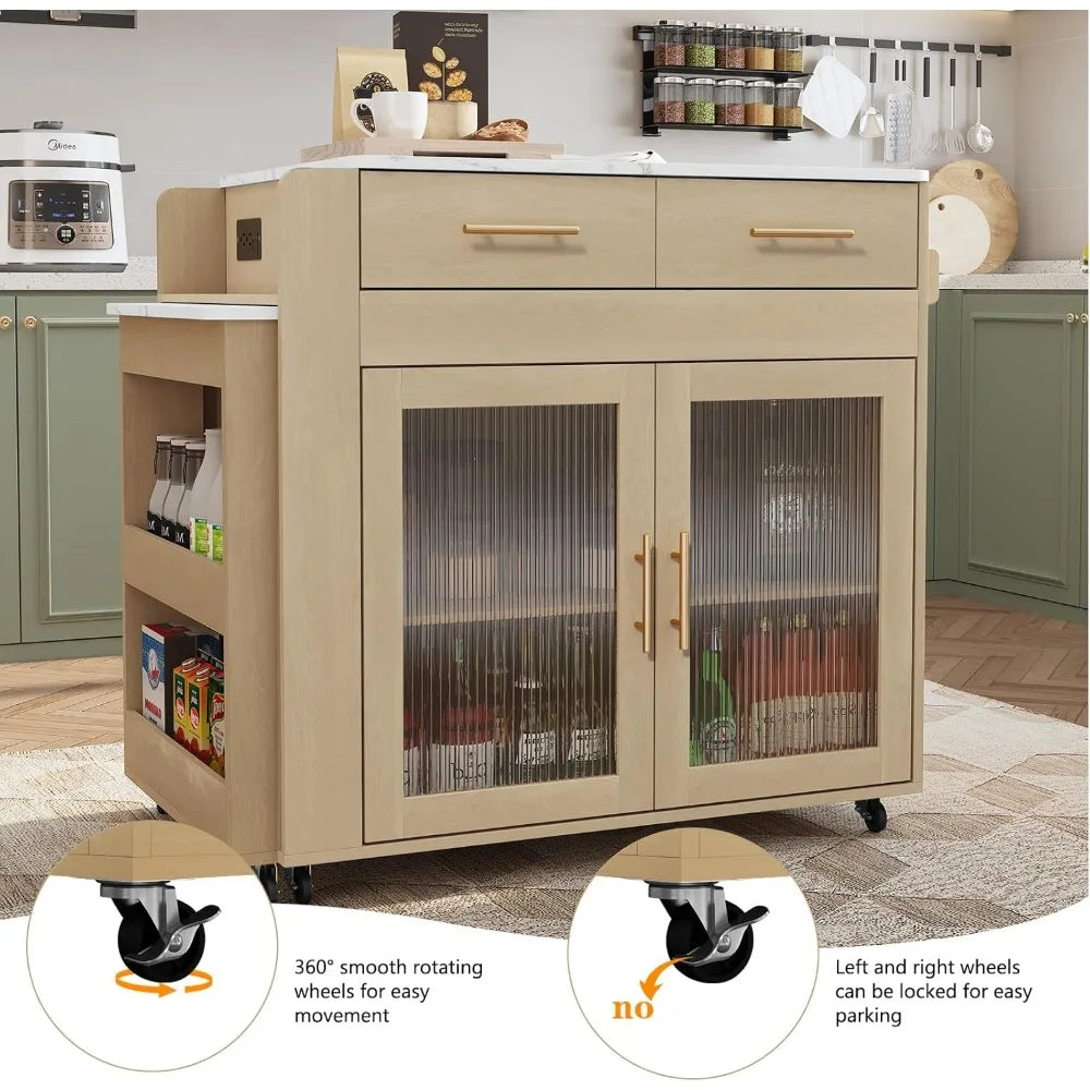Kitchen Island and Cart with Extendable Dining Table, Marble Grain Top with Power Outlet