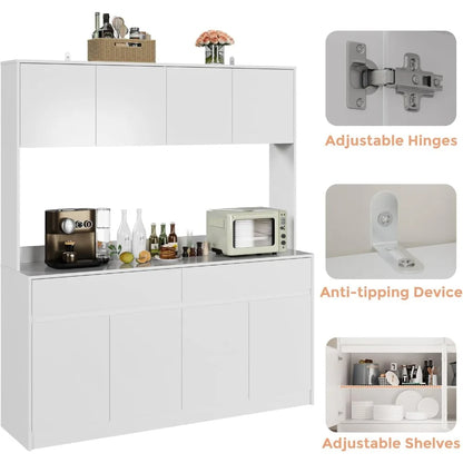 71" Kitchen Pantry Cabinet Hutch with Microwave Stand, Buffet Cabinet with Large Storage Drawers for Dining Room (White