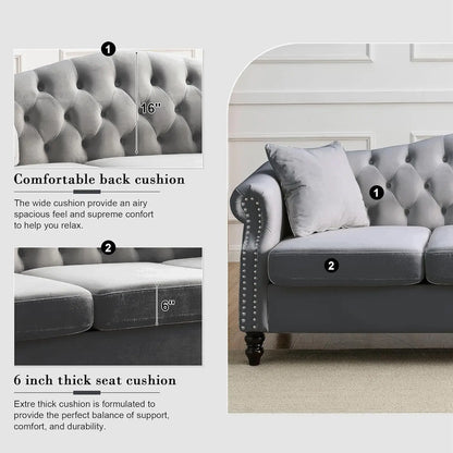 Chesterfield Classic Design Velvet Sofa Set 3-Seater and Loveseat with Pillows and Rolled Arms Nail head Trim for Living Room