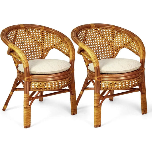 Set of 2 Pelangi Handmade Rattan Dining Wicker Chairs Colonial Color w/Cream Cushion