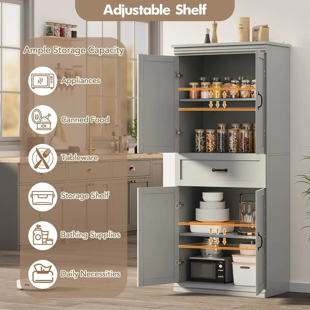 Modern 70" Tall Freestanding Kitchen Pantry Cabinet with 2 Doors and 3 Adjustable Shelves