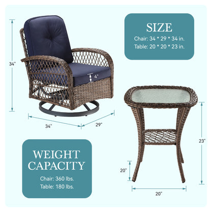 3 Pieces Outdoor Rotating Rocking Chair Patio Bistro Set with Cozy and Padded Cushions.