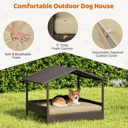 Outdoor/Indoor Wicker Elevated Shade Canopy Dog Bed with Cushion for Small/Medium Dogs .