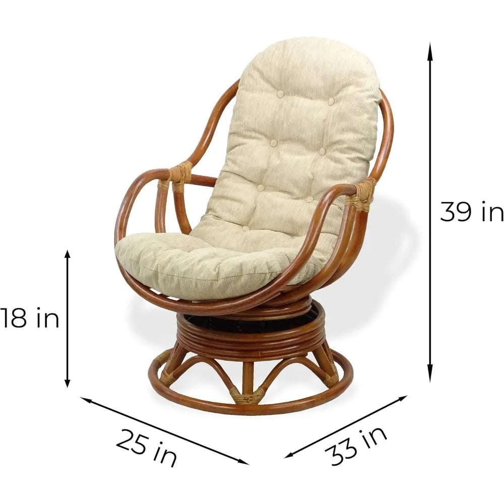 Set of 2Natural Rattan Wicker Handmade Bali Lounge Swivel Rocking Chairs with Cream Cushion and Pelangi Round Coffee Table