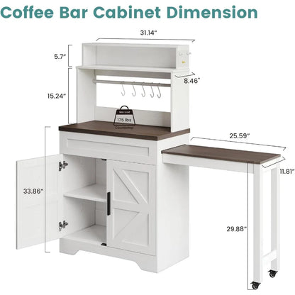 56.7" Extendable Farmhouse Coffee Bars Cabinet with Hutch, Buffet Sideboard, 5 Hooks , Adjustable and Magnetic Note Zone