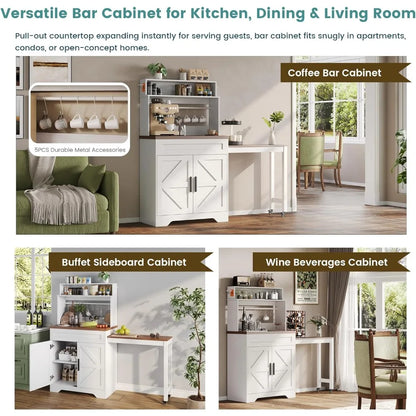 56.7" Extendable Farmhouse Coffee Bars Cabinet with Hutch, Buffet Sideboard, 5 Hooks , Adjustable and Magnetic Note Zone