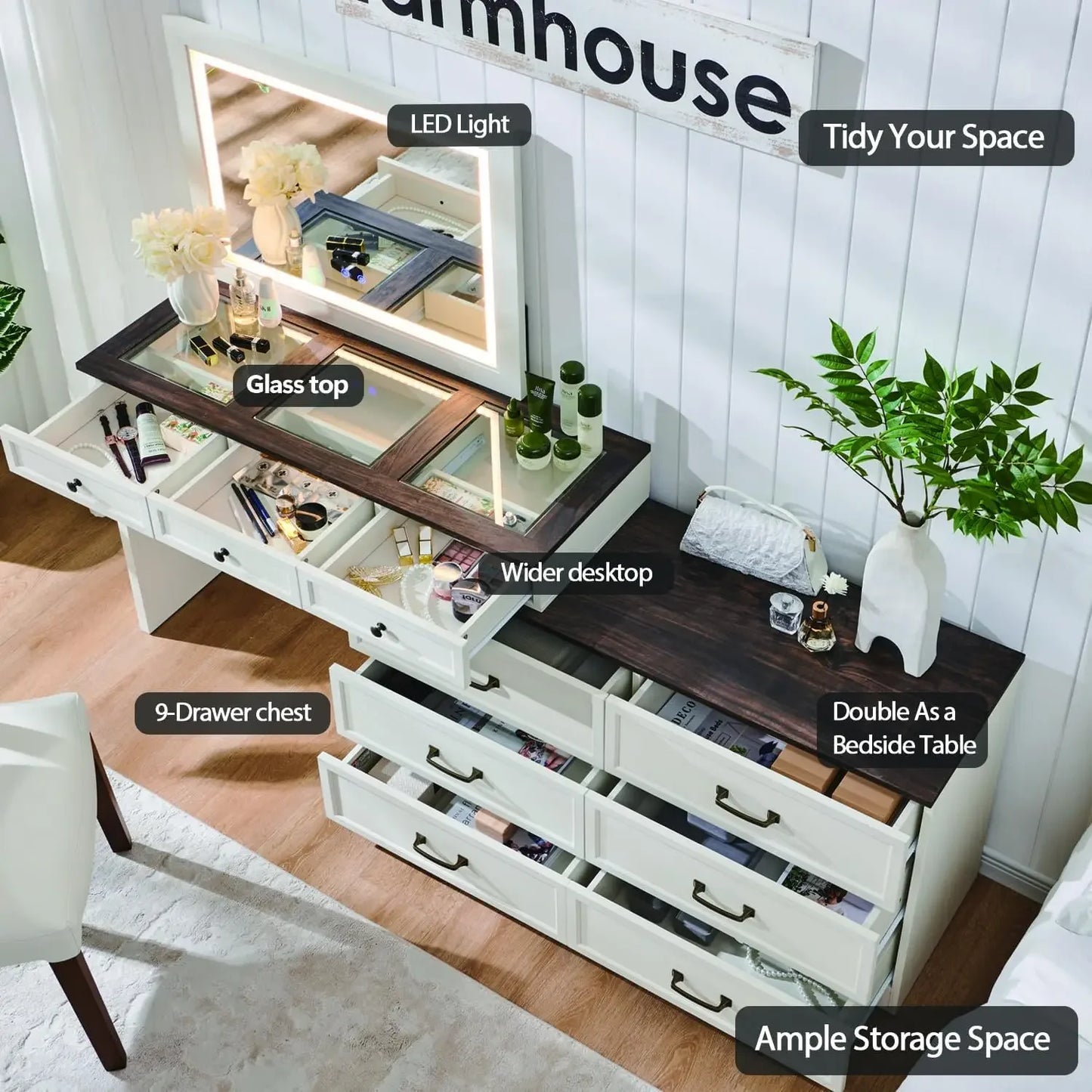 Farmhouse 69" W Big Vanity Desk with Glass Top, Makeup Table, 9 Large Storage Drawers and Color Available Light ,White