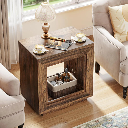 Rustic Wood 2 Tiered Square Side End Table with Storage for Living Room, Ent
