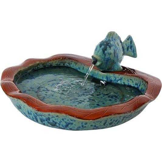 7-Inch Outdoor Glazed Ceramic Fish Garden Fountain Tabletop for Patio, Deck, Garden - Aqua and Brown