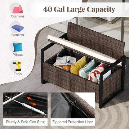 40 Gallon Patio Wicker Metal Frame Storage Bench with Cushion and Cover for backyard.