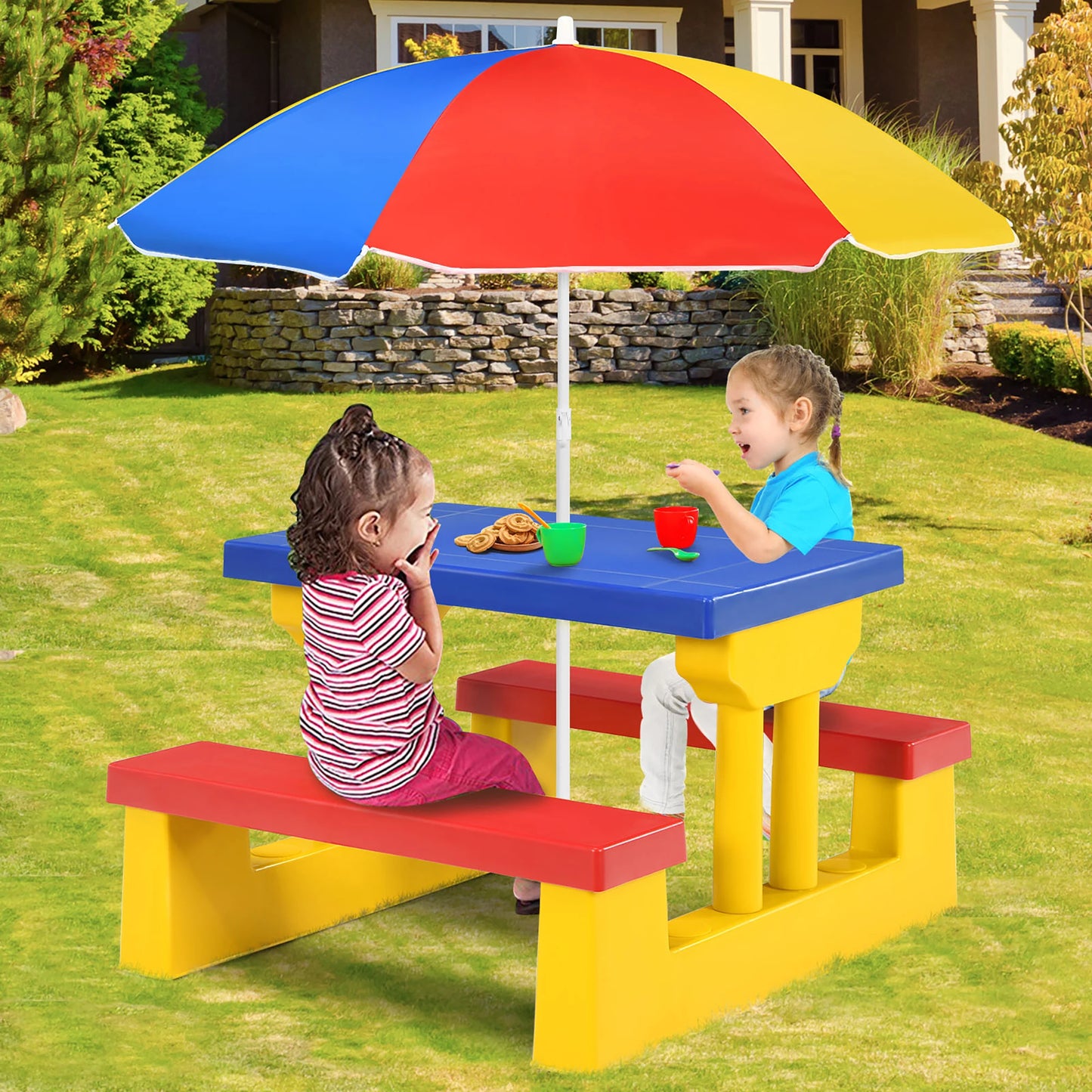 Kids Picnic Table Set W/Removable Umbrella Indoor/Outdoor for Garden or Patio
