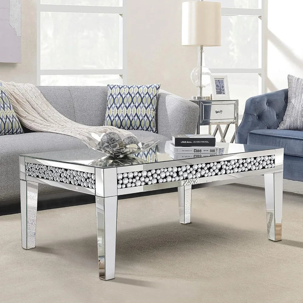 Mirrored Coffee Table, Silver Living Room Table with Cryatal Diamond Inlay, Modern Luxury Mirrored Furniture Tea Table