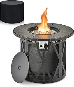 32 inch round 30,000 BTU Propane Gas Fire Pit with fire glasses & PVC  cover and ceramic tile