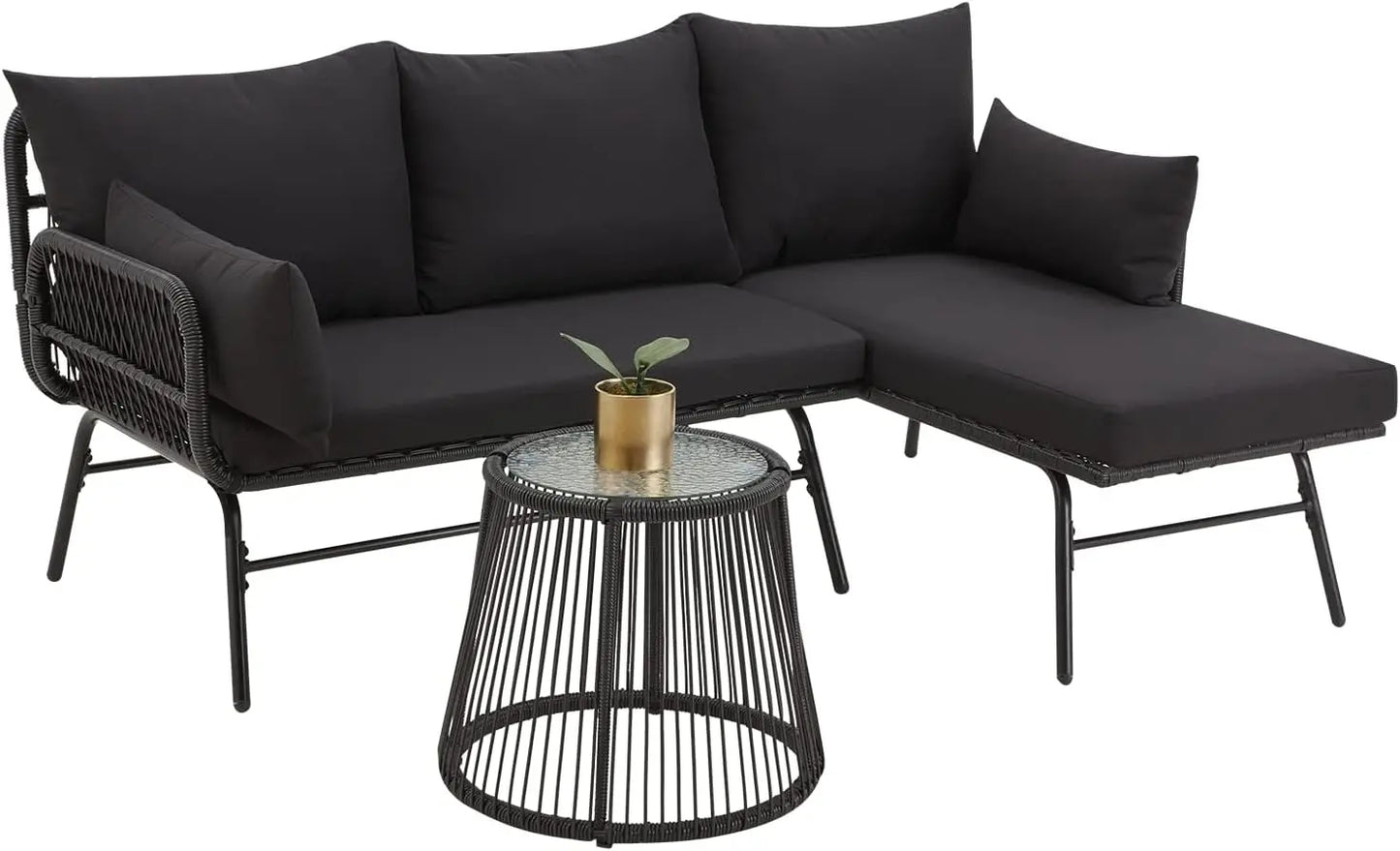 3 Piece Patio Conversation L-Shaped Sectional Sofa Set with Thick Cushions and Toughened Glass Coffee Table