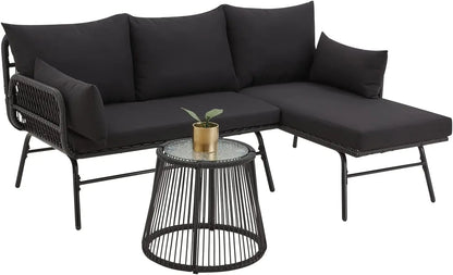 3 Piece Patio Conversation L-Shaped Sectional Sofa Set with Thick Cushions and Toughened Glass Coffee Table