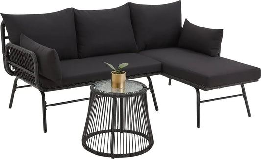 3 Piece Patio Conversation L-Shaped Sectional Sofa Set with Thick Cushions and Toughened Glass Coffee Table