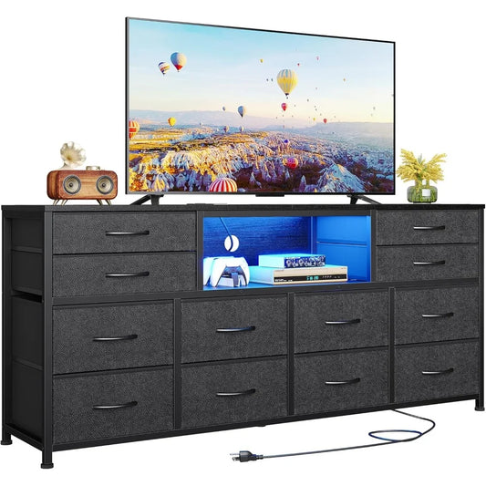 55" Entertainment LED TV Stand Dresser for Bedroom with Power Outlets,12 Drawers, and Media Console Table