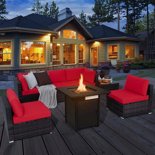 7 PCS Patio Set with 28" 50000 BTU Propane Gas Fire Pit Table and Cushions Red