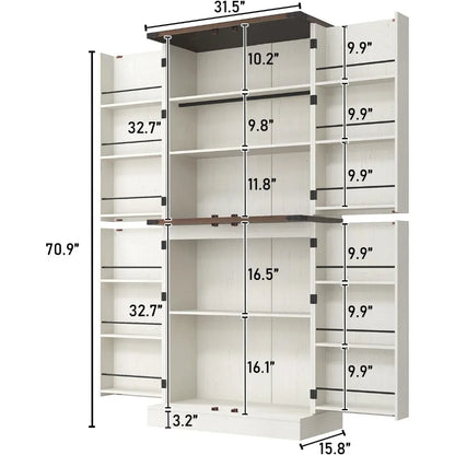 71" Tall Farmhouse Rustic Wood Kitchen Pantry Cabinet with Adjustable Shelves & 4 Barn Doors & Drawers